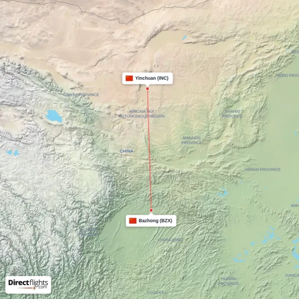 Bazhong - Yinchuan direct flight map