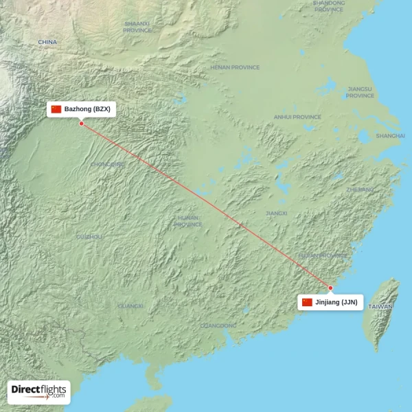 Bazhong - Jinjiang direct flight map