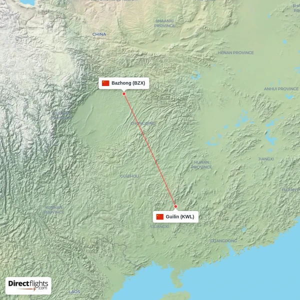 Bazhong - Guilin direct flight map