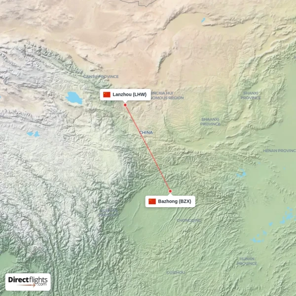 Bazhong - Lanzhou direct flight map