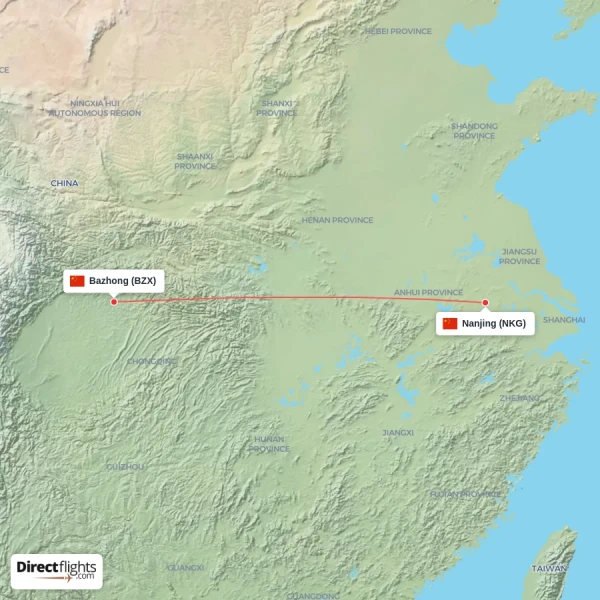 Bazhong - Nanjing direct flight map