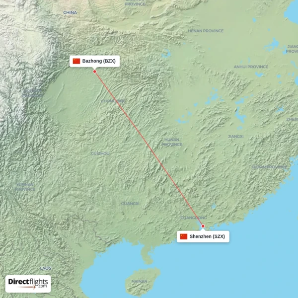 Bazhong - Shenzhen direct flight map