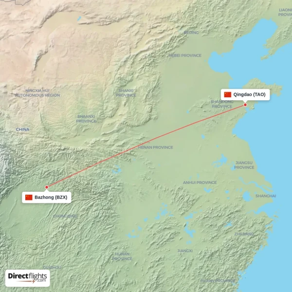 Bazhong - Qingdao direct flight map
