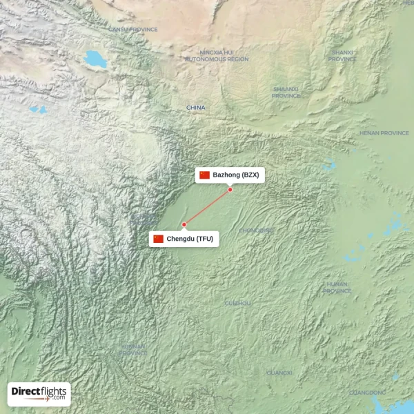 Bazhong - Chengdu direct flight map