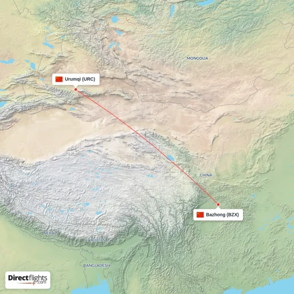 Bazhong - Urumqi direct flight map