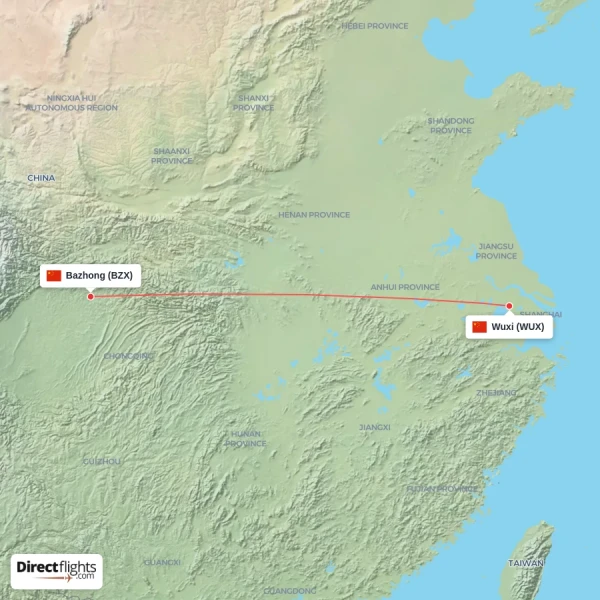 Bazhong - Wuxi direct flight map