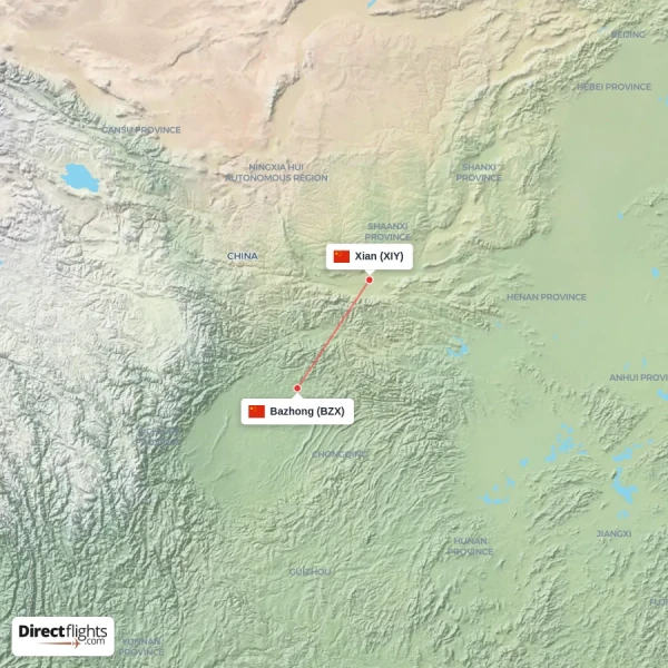 Bazhong - Xian direct flight map