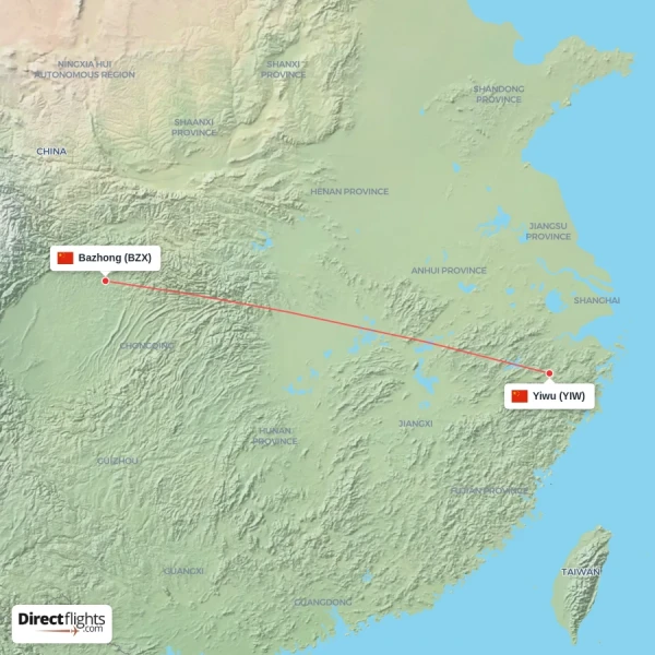 Bazhong - Yiwu direct flight map