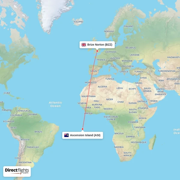 Brize Norton - Ascension Island direct flight map