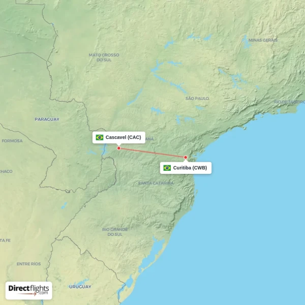 Cascavel - Curitiba direct flight map