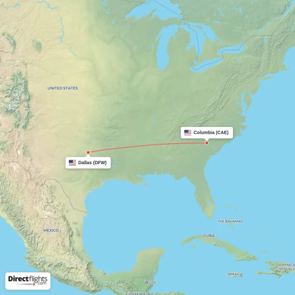 Columbia - Dallas direct flight map