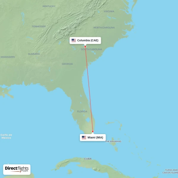 Columbia - Miami direct flight map