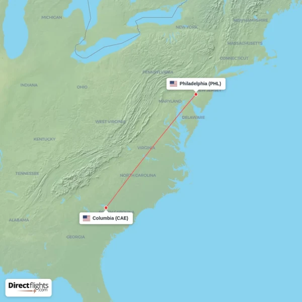 Columbia - Philadelphia direct flight map