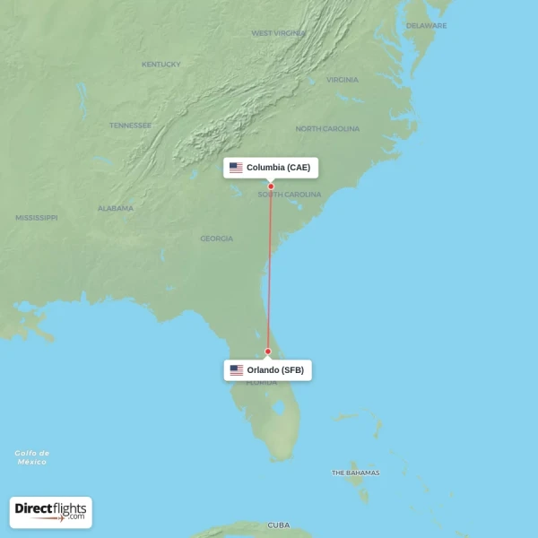 Columbia - Orlando direct flight map