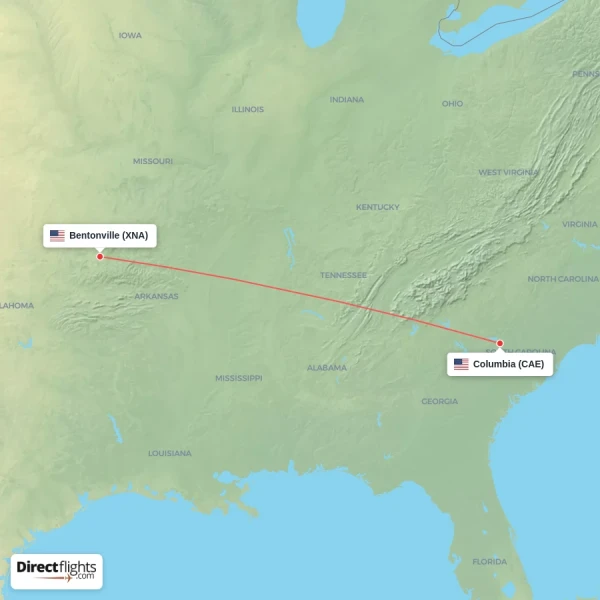 Columbia - Bentonville direct flight map
