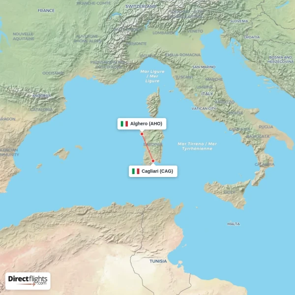 Cagliari - Alghero direct flight map
