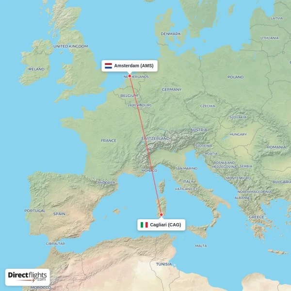 Cagliari - Amsterdam direct flight map