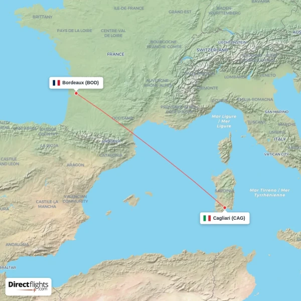 Cagliari - Bordeaux direct flight map