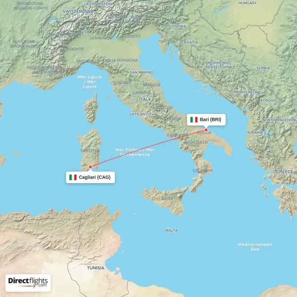 Cagliari - Bari direct flight map