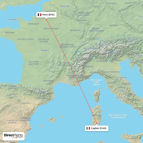 Cagliari - Paris direct flight map