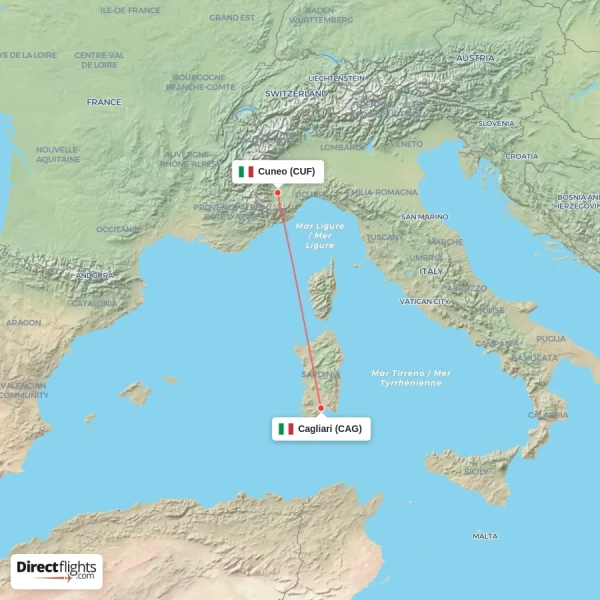 Cagliari - Cuneo direct flight map