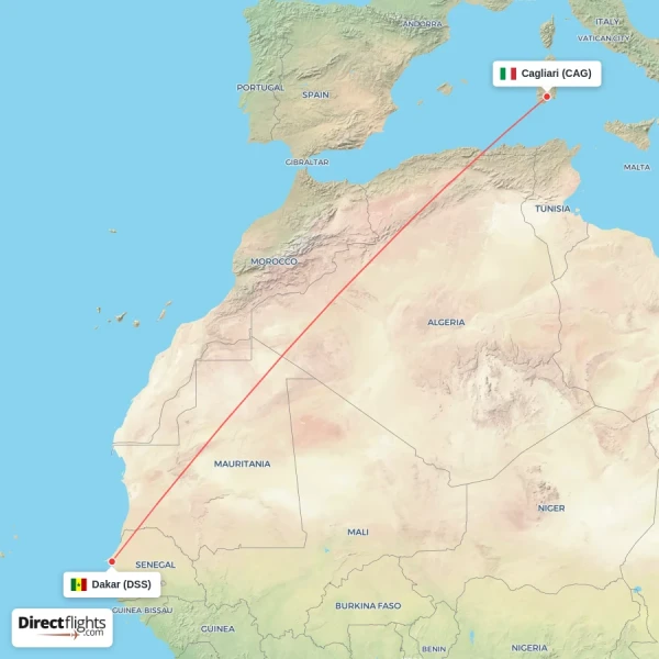 Cagliari - Dakar direct flight map