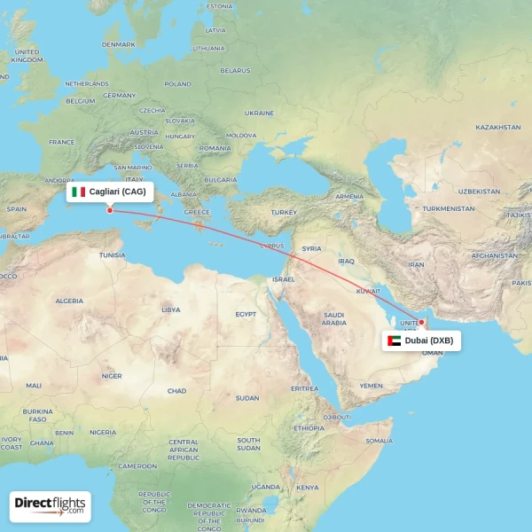 Cagliari - Dubai direct flight map