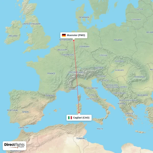 Cagliari - Muenster direct flight map