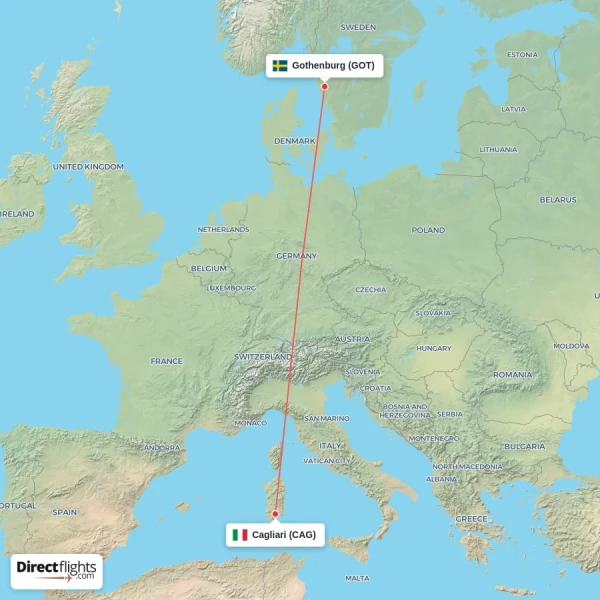 Cagliari - Gothenburg direct flight map