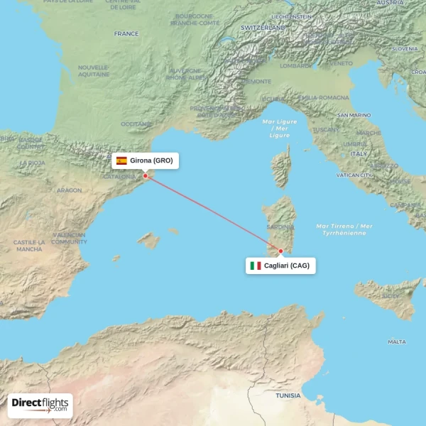 Cagliari - Girona direct flight map