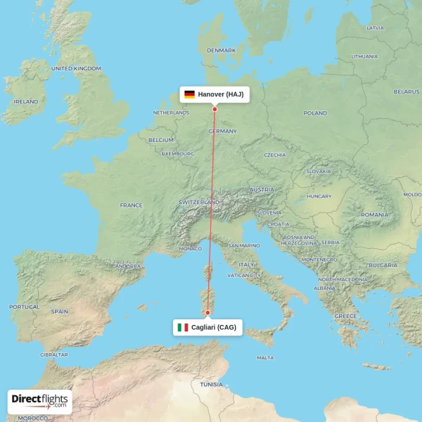 Cagliari - Hanover direct flight map