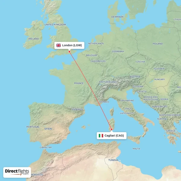 Cagliari - London direct flight map
