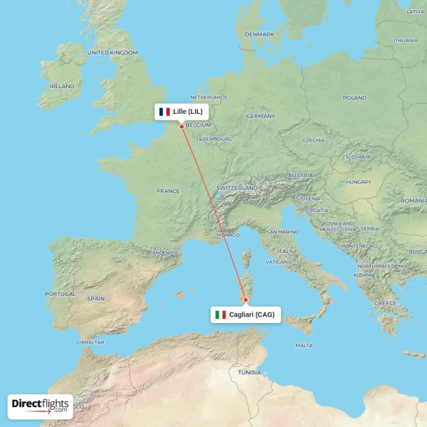 Cagliari - Lille direct flight map