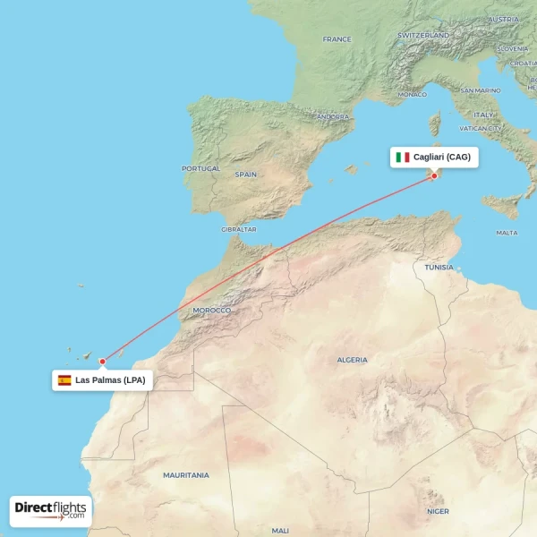 Cagliari - Las Palmas direct flight map
