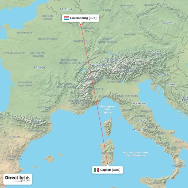 Cagliari - Luxembourg direct flight map