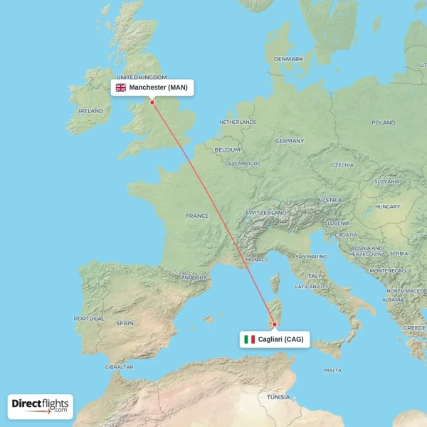 Cagliari - Manchester direct flight map