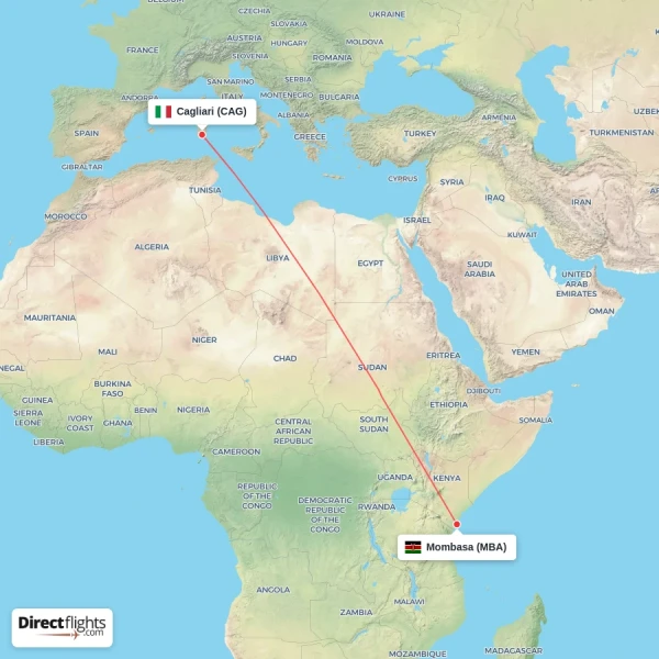 Cagliari - Mombasa direct flight map