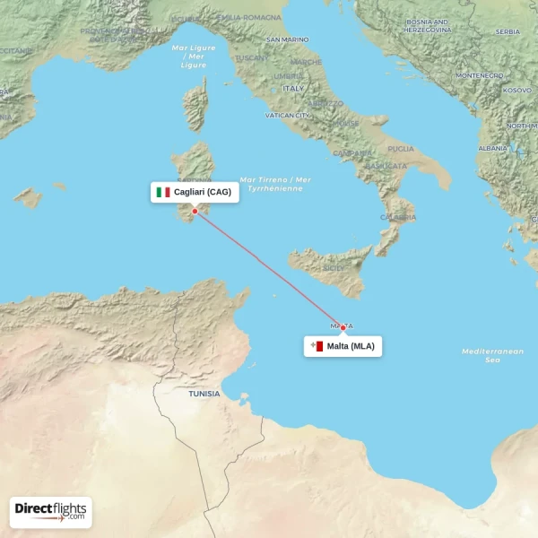 Cagliari - Malta direct flight map