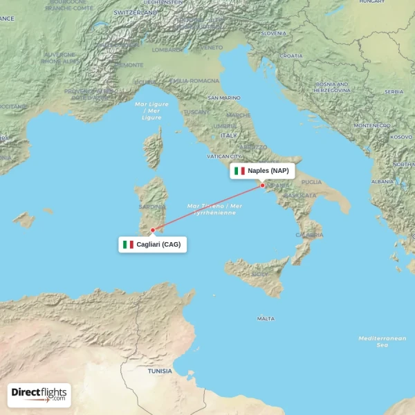 Cagliari - Naples direct flight map