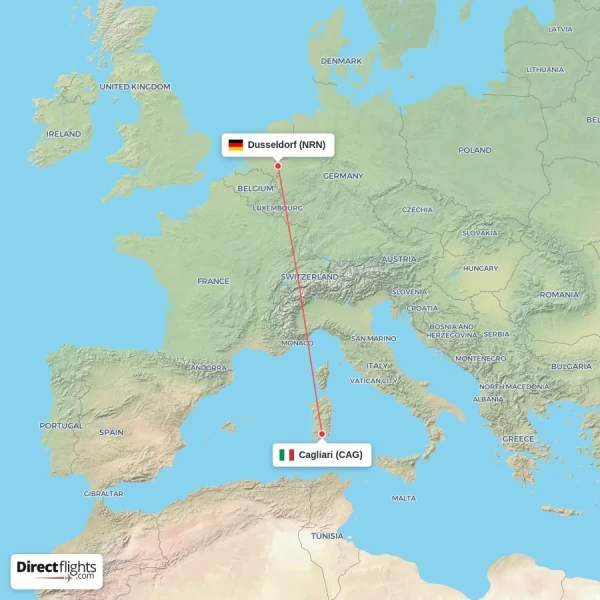 Cagliari - Dusseldorf direct flight map