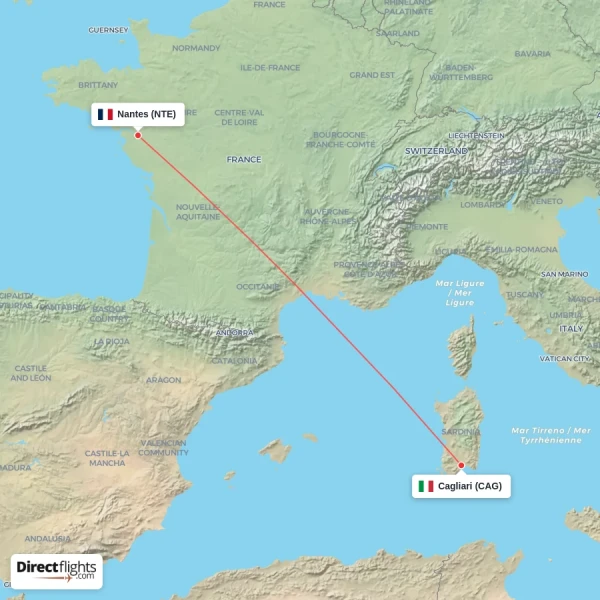 Cagliari - Nantes direct flight map