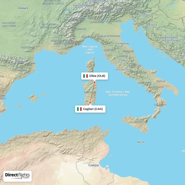 Cagliari - Olbia direct flight map