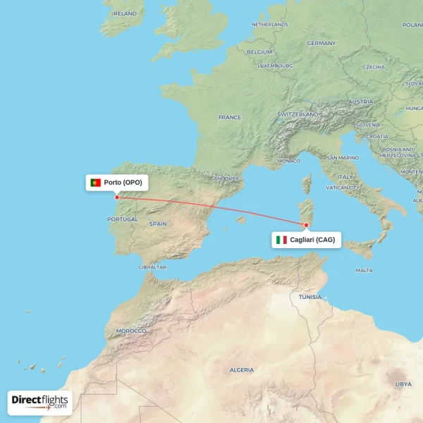 Cagliari - Porto direct flight map