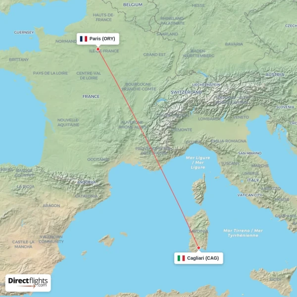 Cagliari - Paris direct flight map