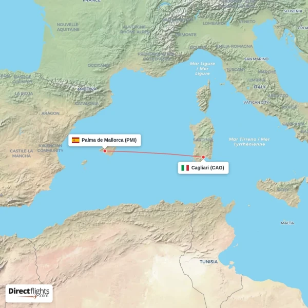 Cagliari - Palma de Mallorca direct flight map