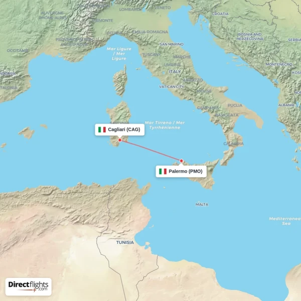 Cagliari - Palermo direct flight map