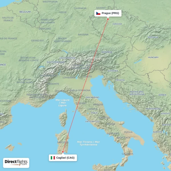 Cagliari - Prague direct flight map