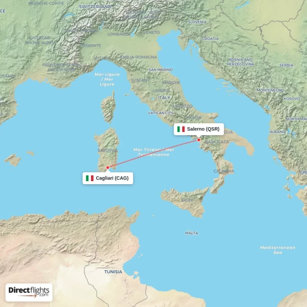 Cagliari - Salerno direct flight map