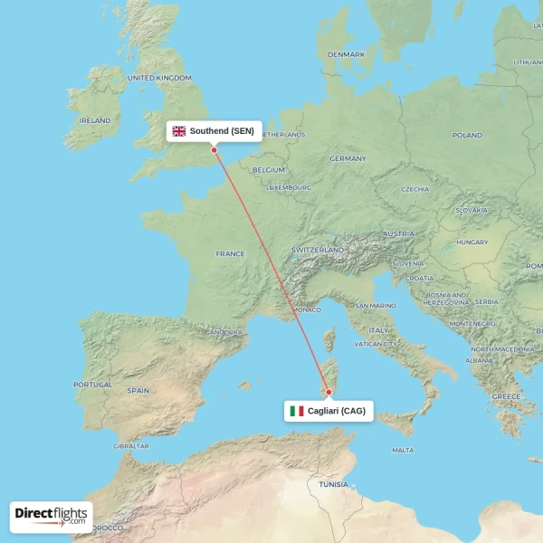 Cagliari - Southend direct flight map