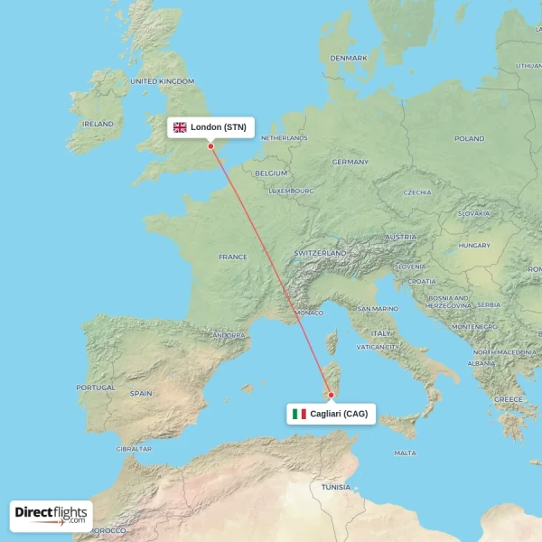 Cagliari - London direct flight map